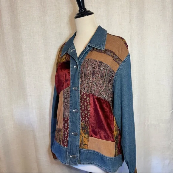 Out Of The Blue J Jill Women's Denim Patchwork Tapestry Lined Jean Jacket Sz XL - Picture 6 of 13